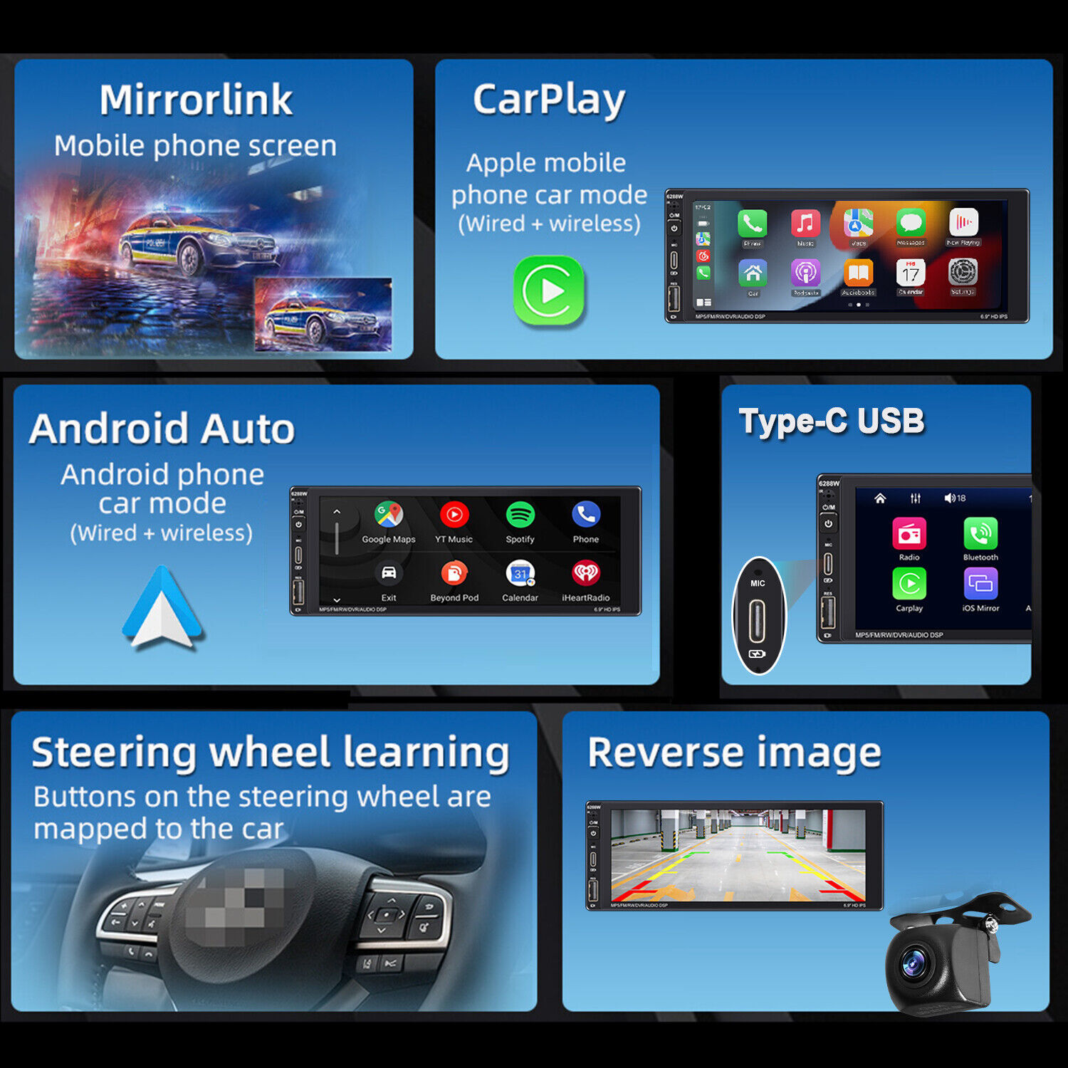 Single Din Car Stereo Wireless Apple CarPlay 6.9 touchscreen Bluetooth Radio USB