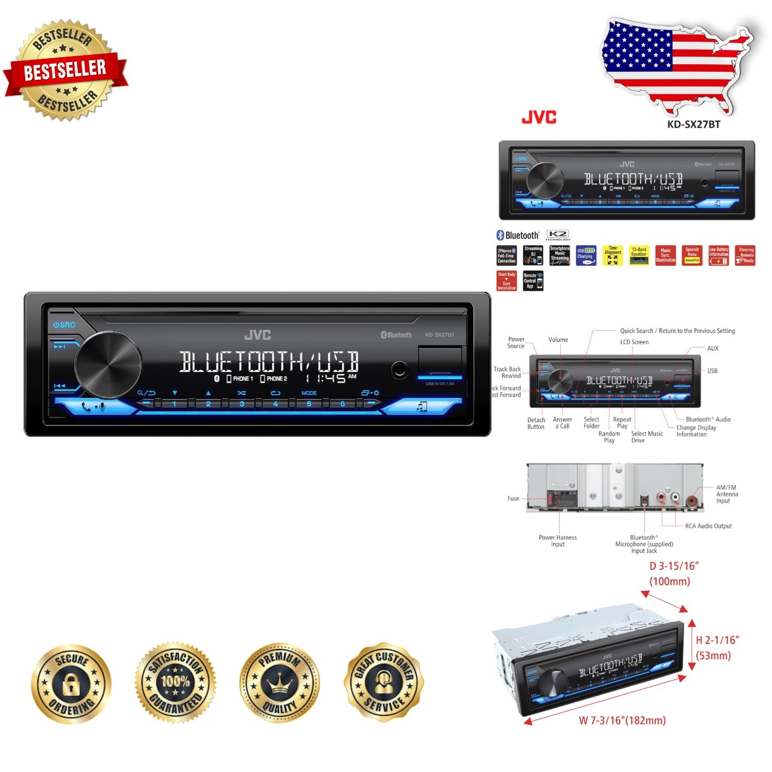 Digital Media Car Stereo KD-SX27BT Bluetooth USB Fast Charge 100W