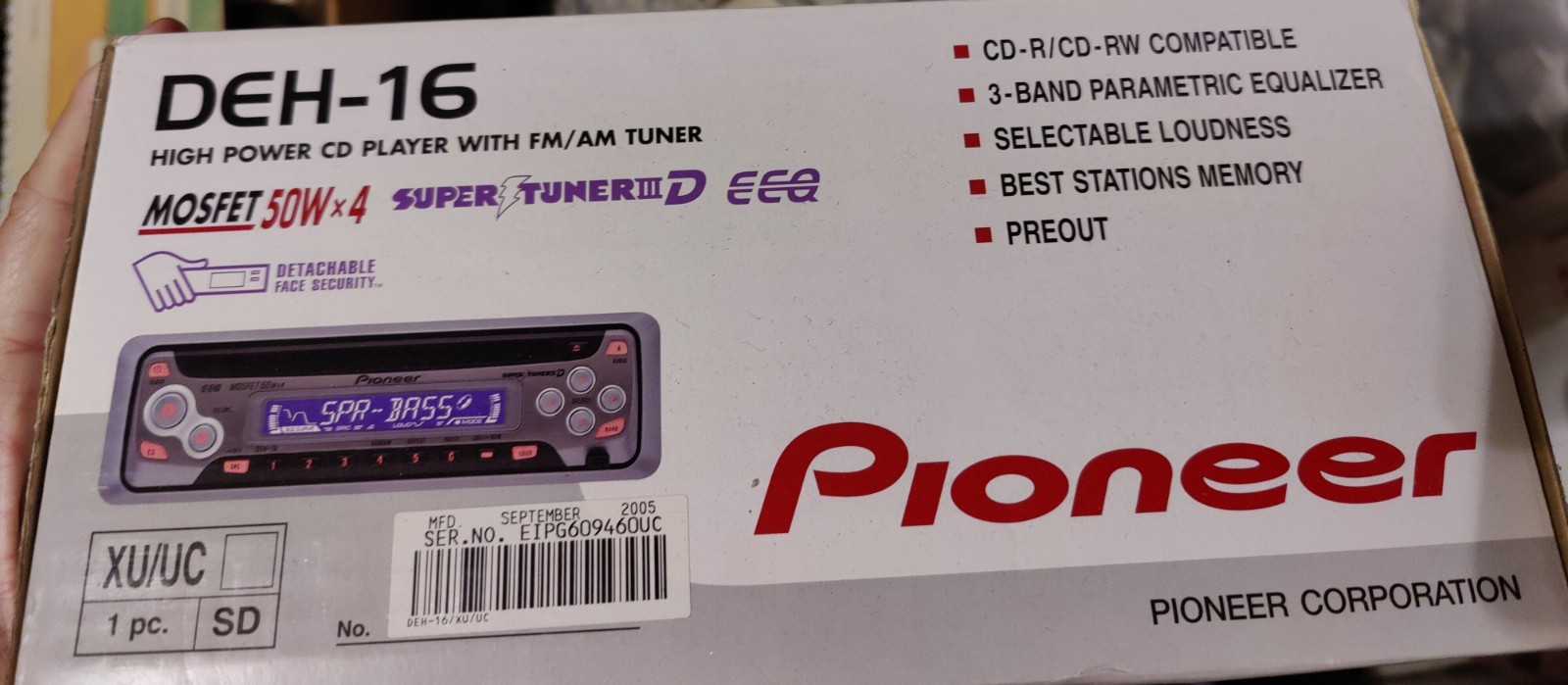 Pioneer DEH-16 1 DIN In-Dash CD Player AM/FM Tuner 50W x4 Detachable Face EQ