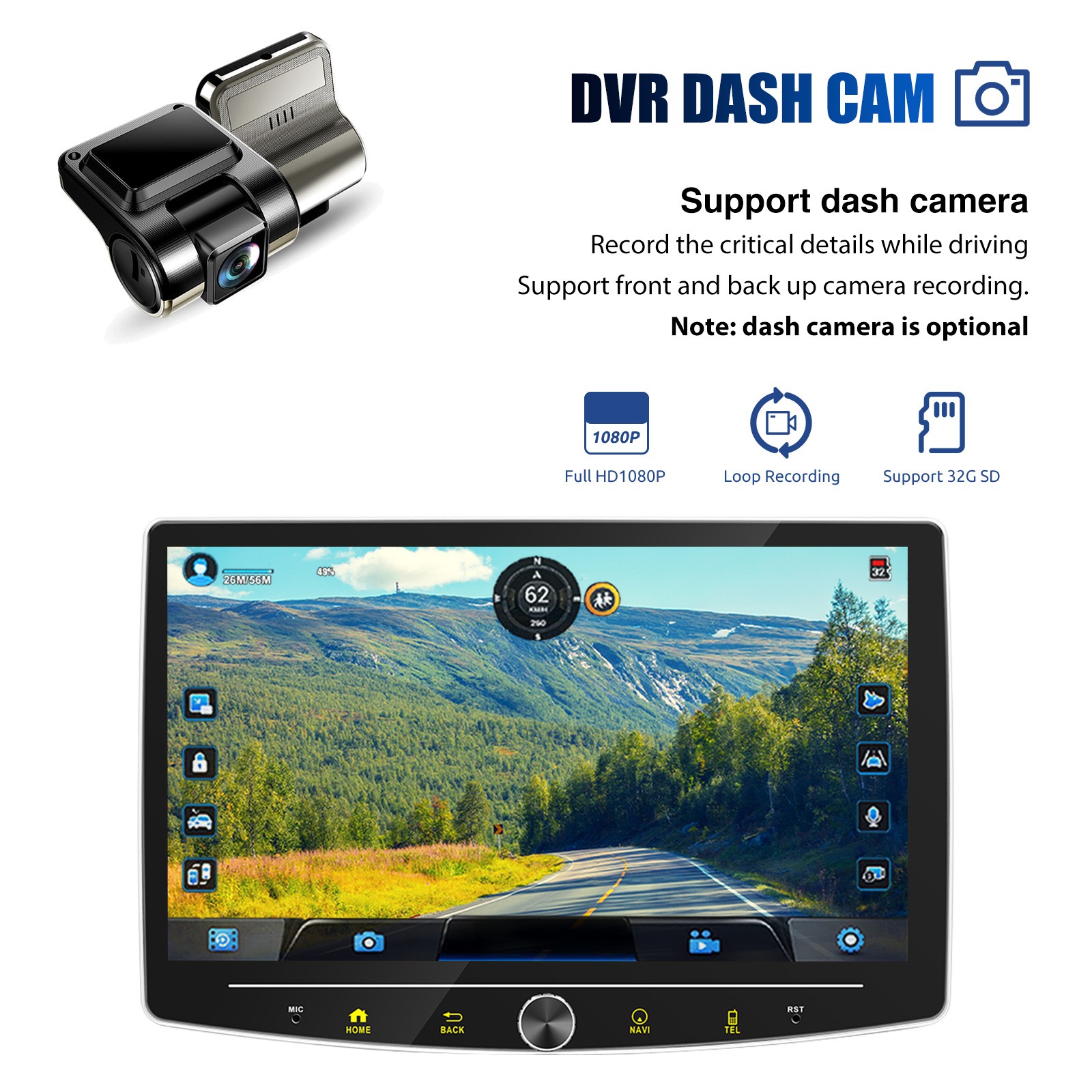 10.1″ Android 15 4+64GB Carplay DVR+ Rotatable Car Stereo Radio 1DIN WiFi+Camera