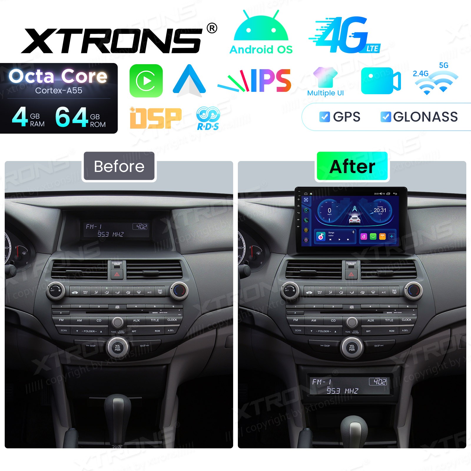 10.1″ IPS Car Radio Stereo CarPlay Android 14 GPS Navi 4G 64G for Honda Accord 8