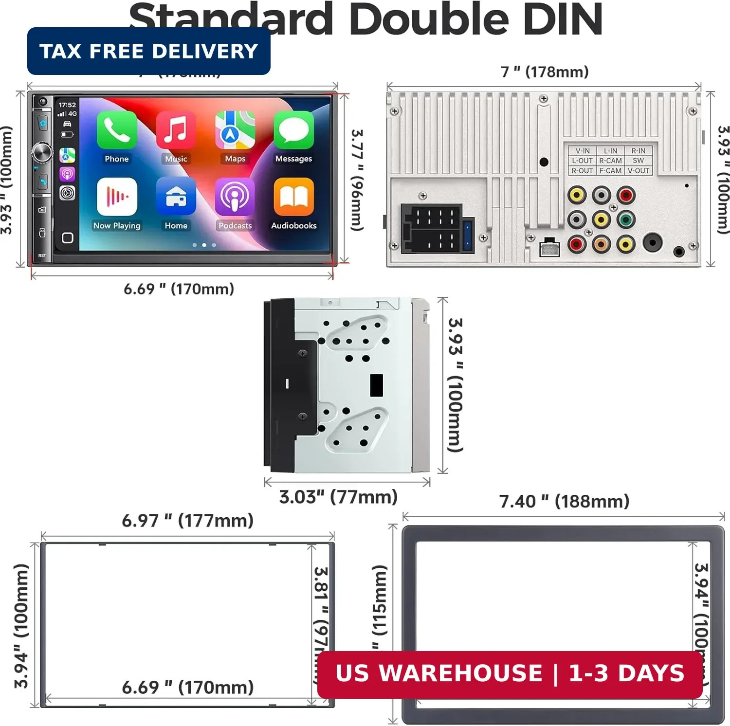 Double Din Car Stereo with 7″ HD Touchscreen, Wireless Apple Carplay & Android A