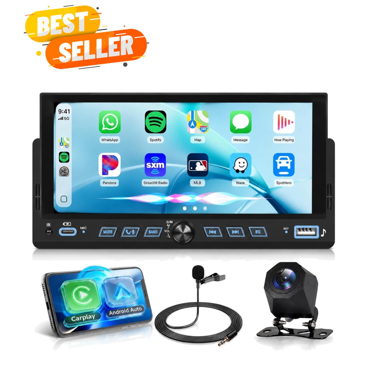 Single Din Car Stereo with Wireless CarPlay and Android Auto, 6.86″ Touchscre…
