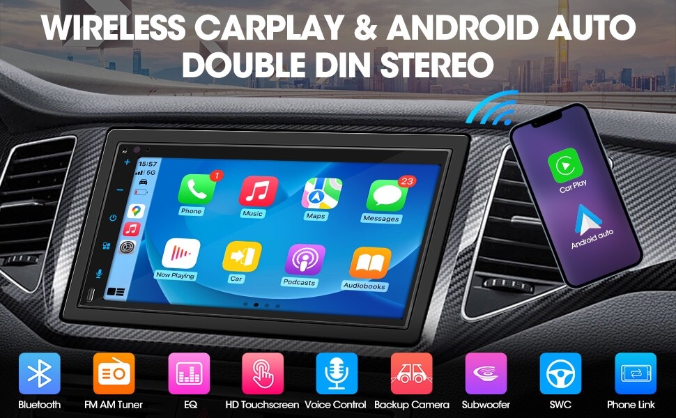 Double Din Wireless CarPlay Stereo Android Touchscreen Bluetooth, Backup Cam