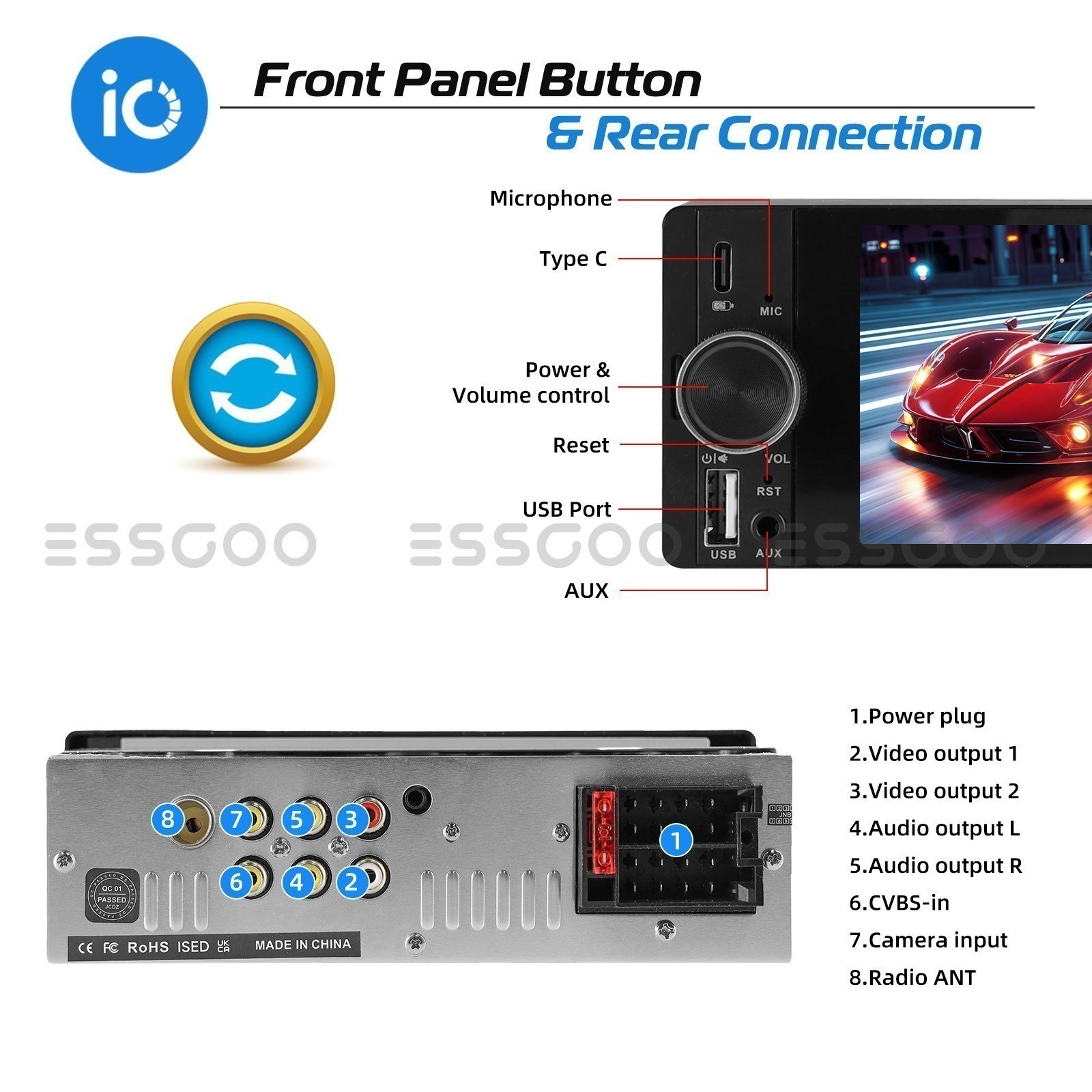 6.36″ Single 1DIN Apple CarPlay Android Auto Car Radio Stereo MIC USB SWC+Camera