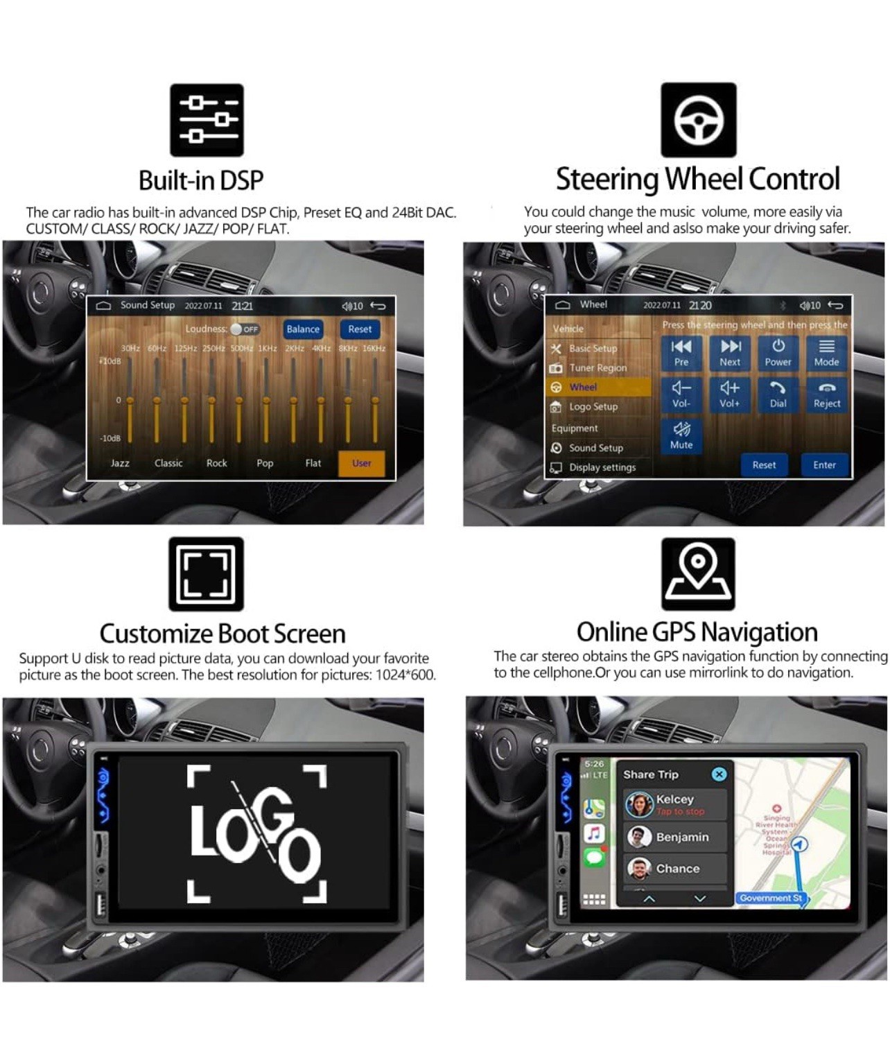Double Din Car Stereo with Apple CarPlay & Android Auto 7 Inch Touch Screen