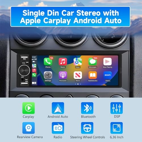 Single Din Car Stereo Universal, 6.36 Inch CarPlay & Android Auto IPS Black