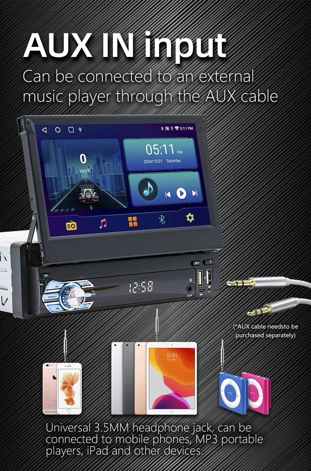 7″ 1 DIN Car Stereo Radio CarPlay Android 15 GPS NAV Flip Out Screen 4+64GB WIFI