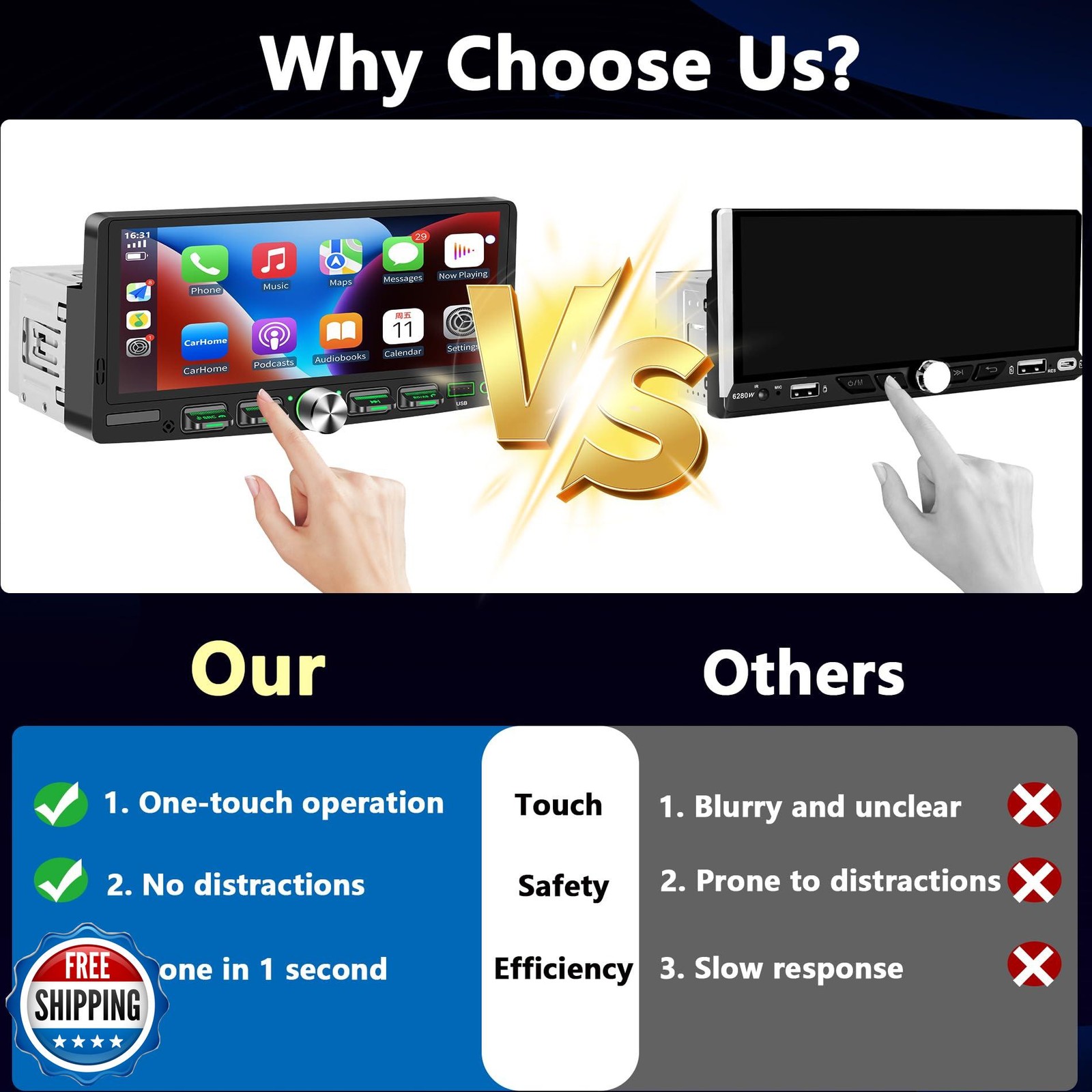 Single Din Touchscreen Radio with Wireless Apple CarPlay and Andr