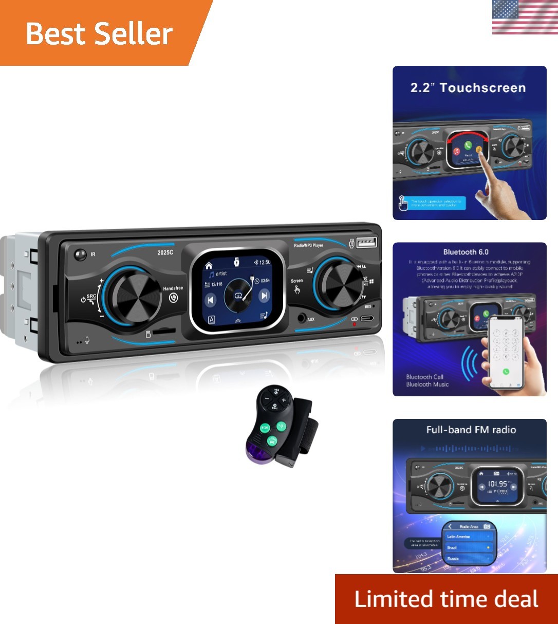 Single Din Car Radio with Bluetooth & Touchscreen | 60W Stereo System