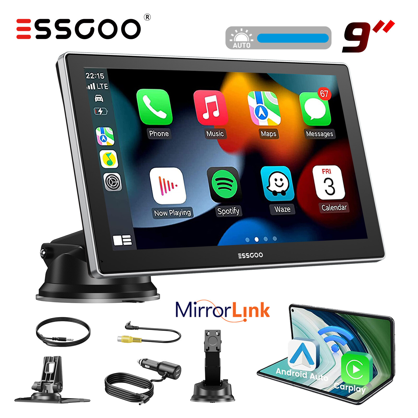 9″ Portable Wireless Apple Carplay Car Stereo GPS Android Auto Radio Player FM