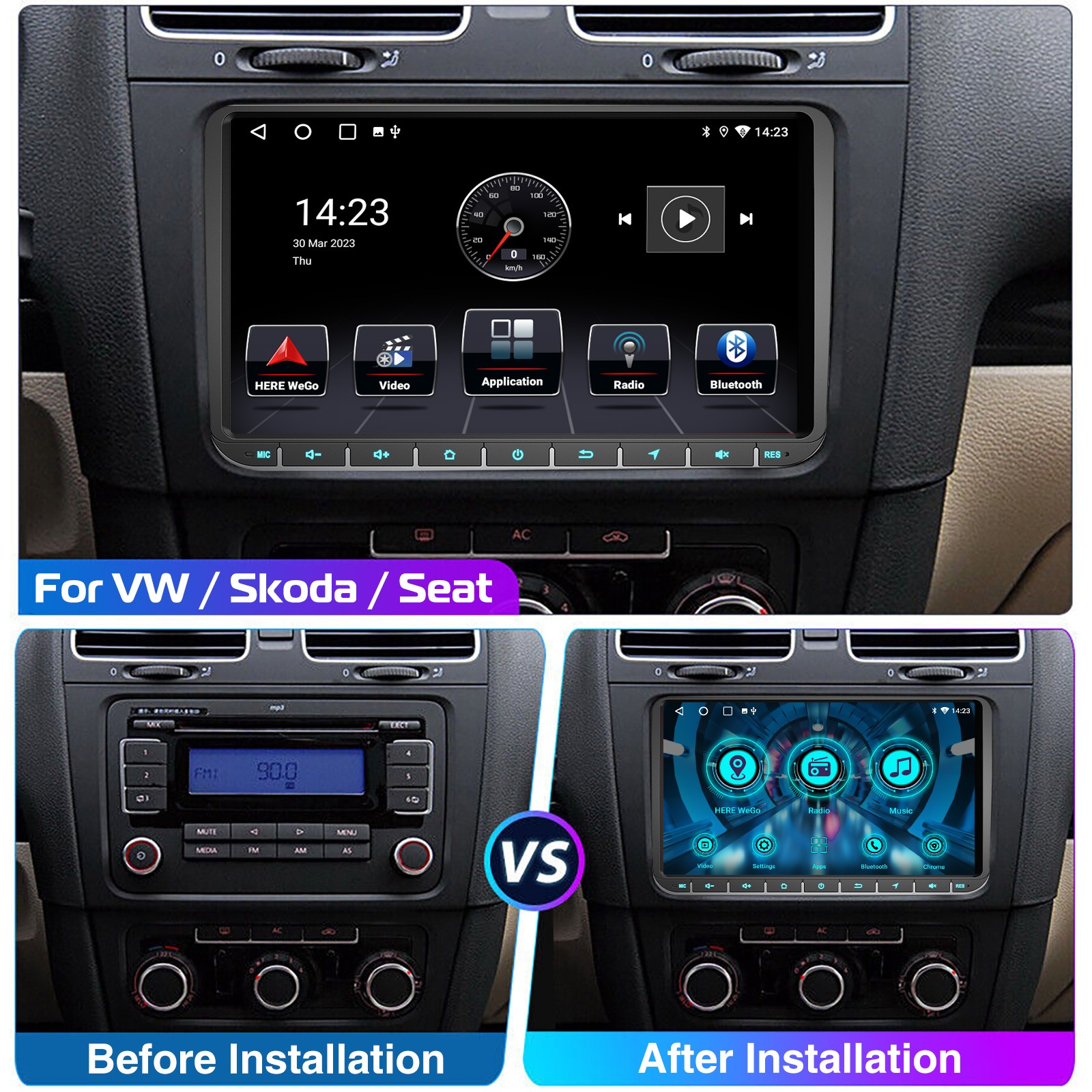 32G For VW GOLF MK5 MK6 9″ Carplay BT Car Stereo Radio GPS Android 14 MP5 Player