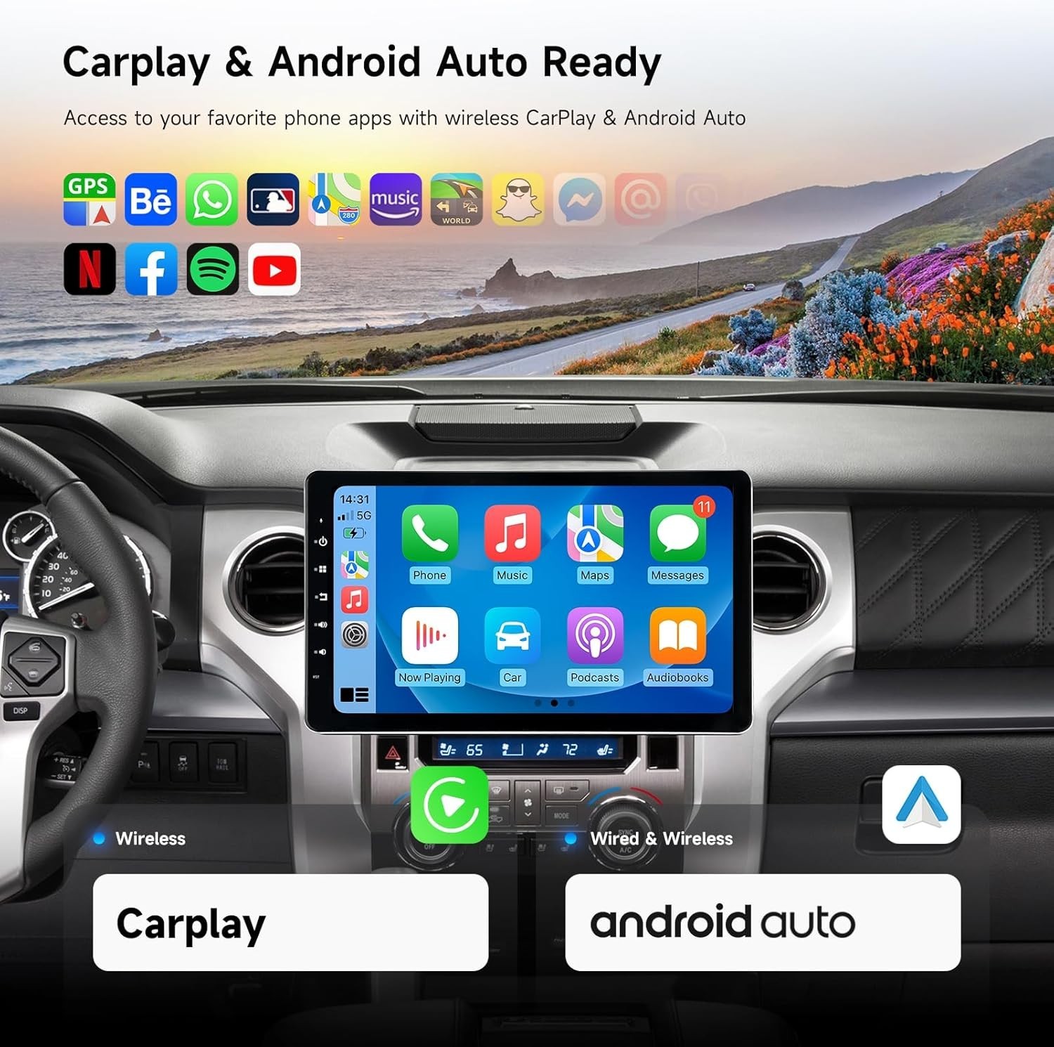 Dasaita 13.3″ Universal Stereo Double Din Radio WiFi CarPlay Android Auto GPS