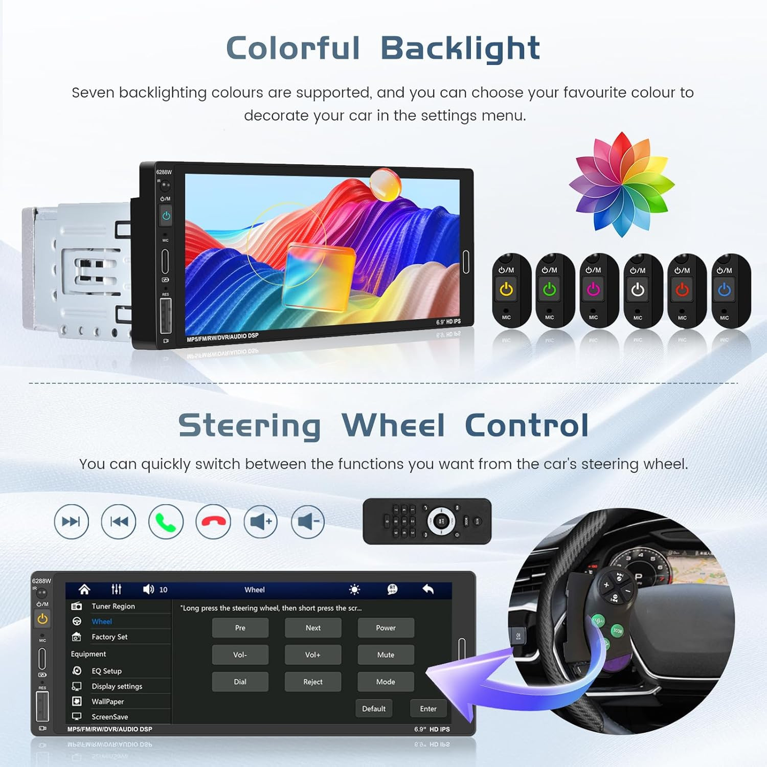 Single Din Car Radio Stereo with Wireless Apple Carplay Android Auto, 6.9″ HD To