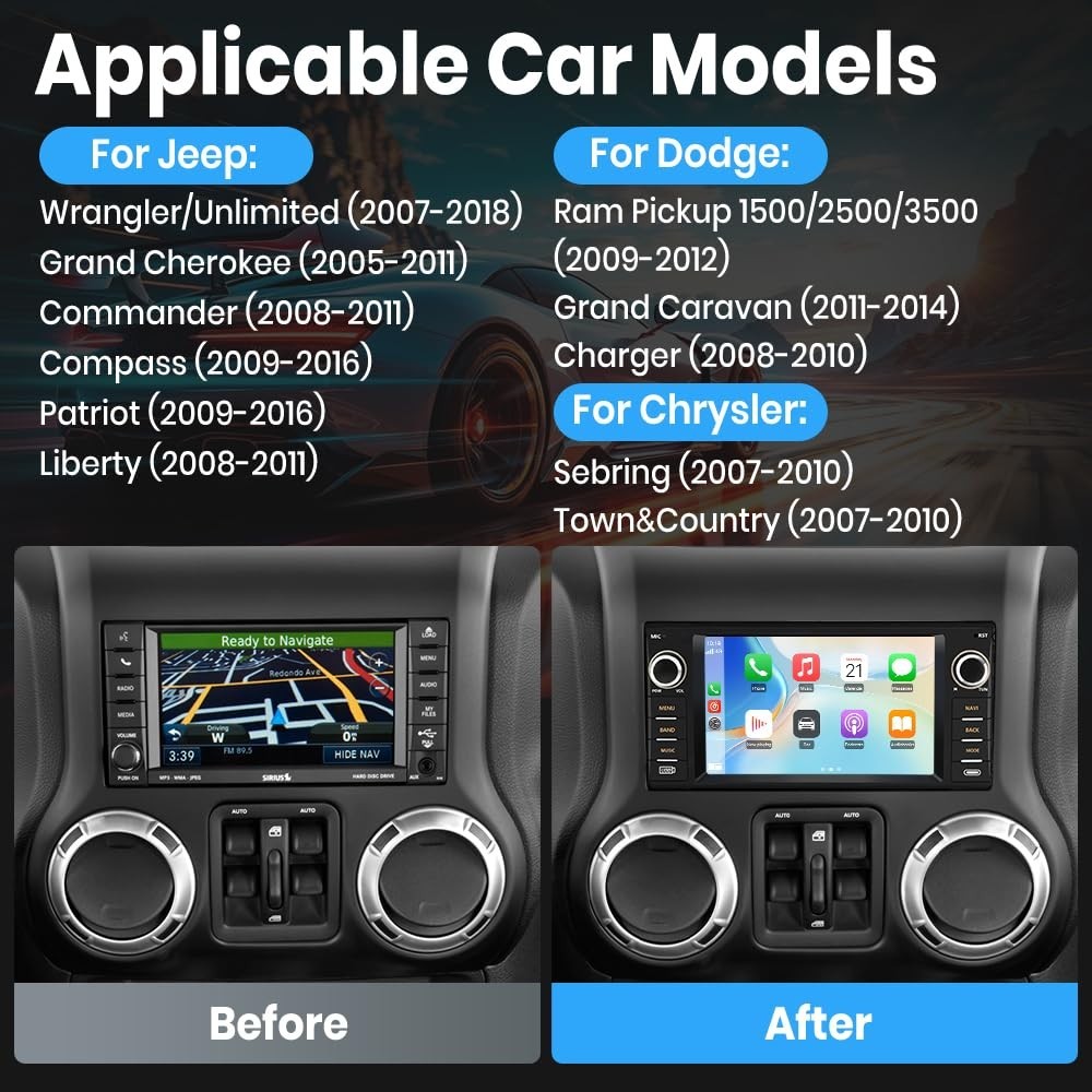7″ Android Car Stereo for Jeep Wrangler JK & Dodge Ram 1500, 2GB+64GB, Wireless