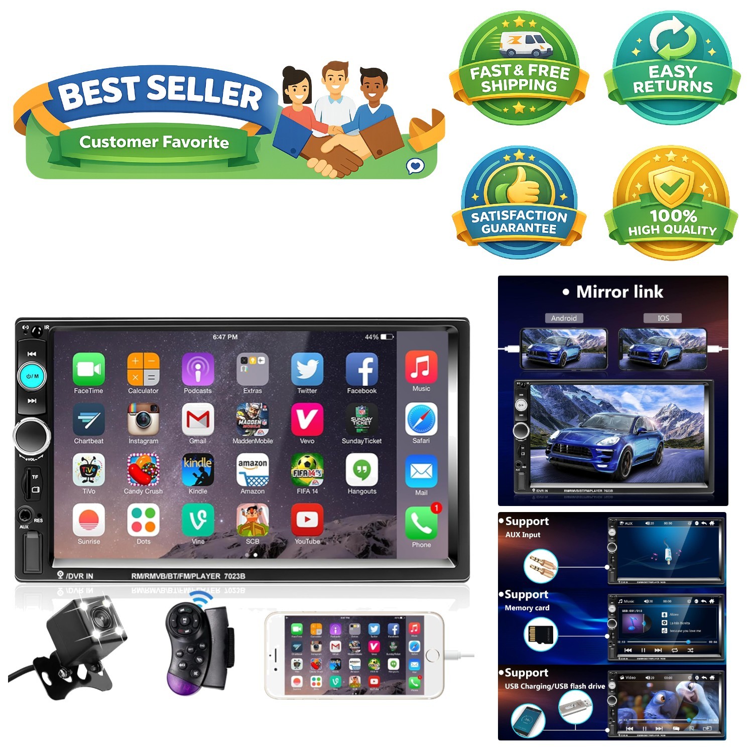 Universal 7-Inch Digital Car Radio – Bluetooth, Mirror Link and HD Backup Camera