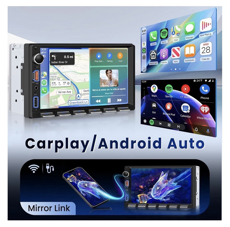 Double Din 7 Inch Car Stereo with Wireless Carplay & Android Auto Backup Camera