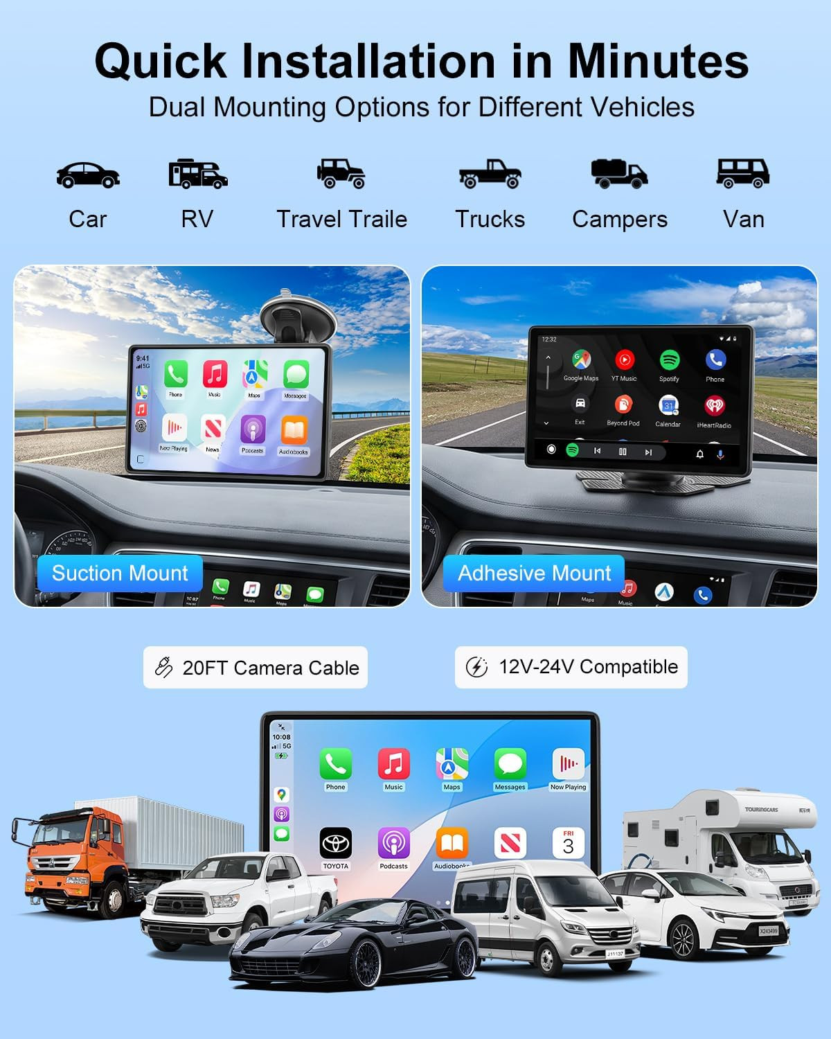 CarPlay Screen for Car, 9″ Wireless Apple CarPlay & Android Auto with 1080P Back
