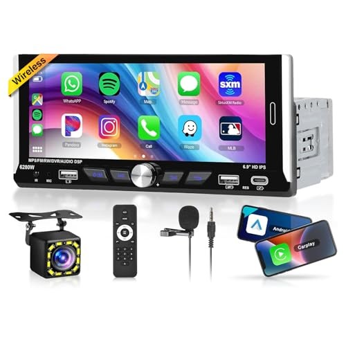 6.9-inch Single Din Car Stereo Wireless Carplay,1280X480P IPS Touch Screen Car