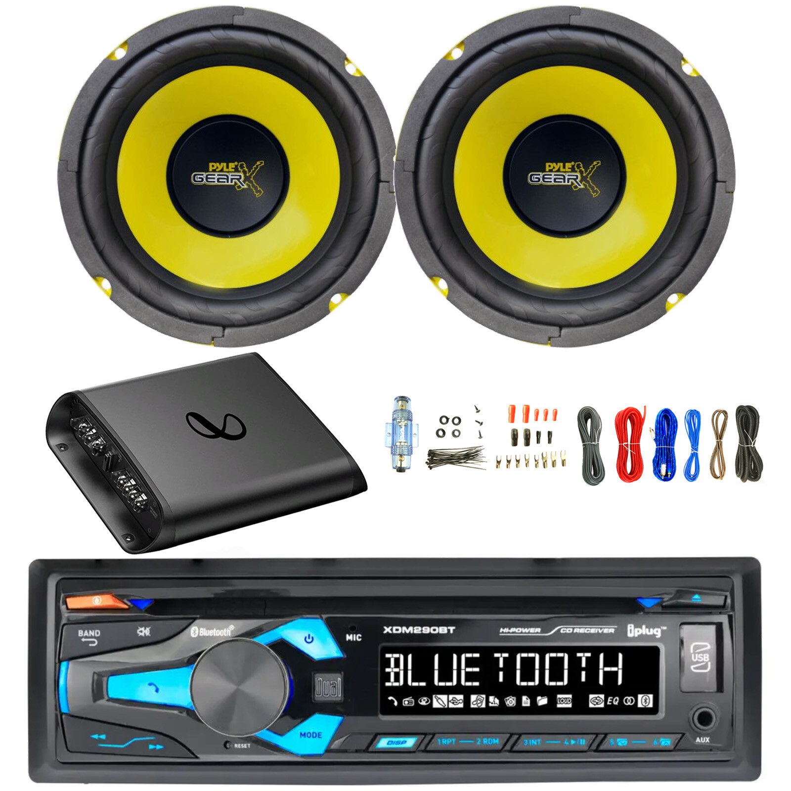 Dual In-Dash Bluetooth CD Stereo Receiver, 2x 6.5” 300W Speakers, Amp w/Kit