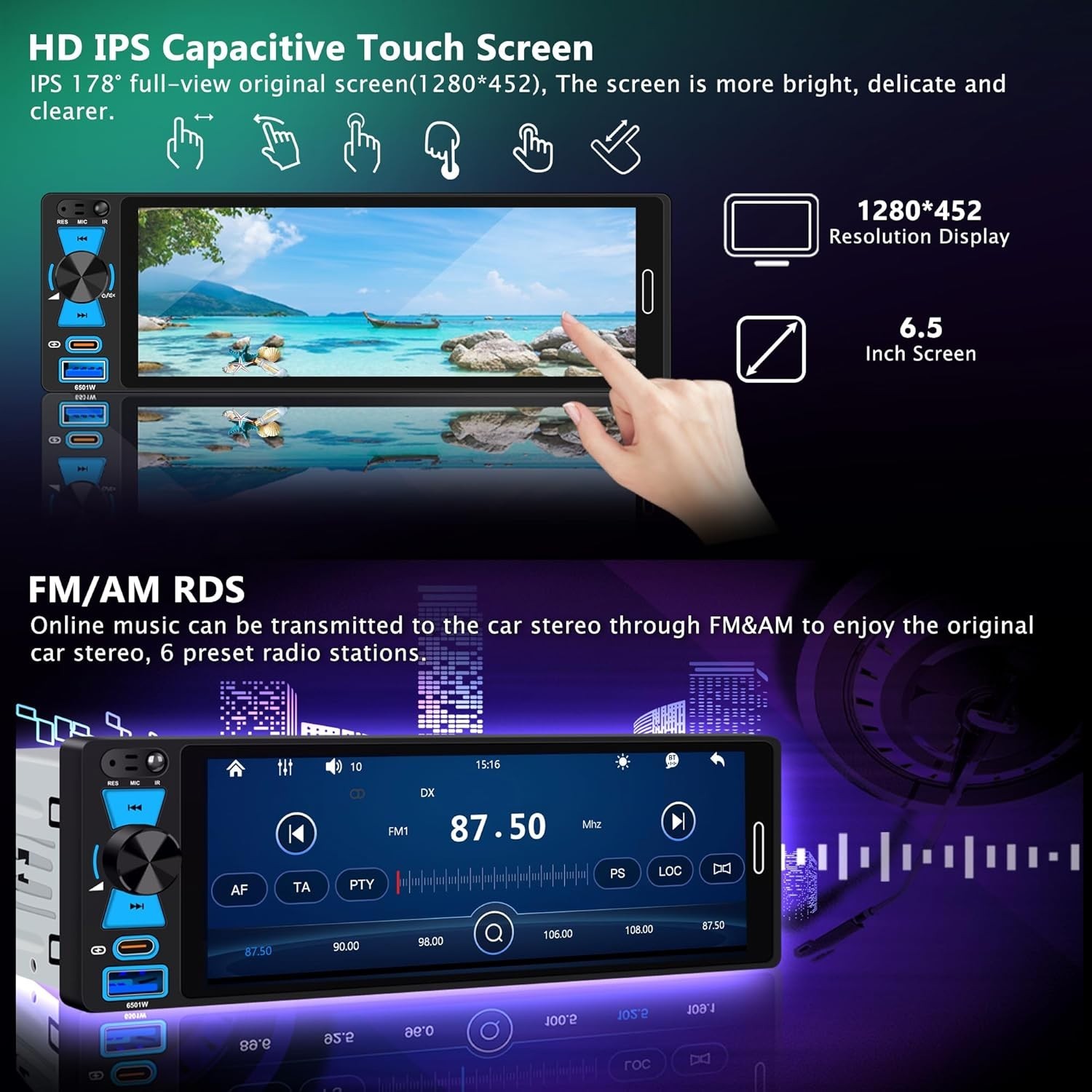 6.5″ Single Din Touchscreen Radio with Wireless Apple CarPlay & Android Auto,…
