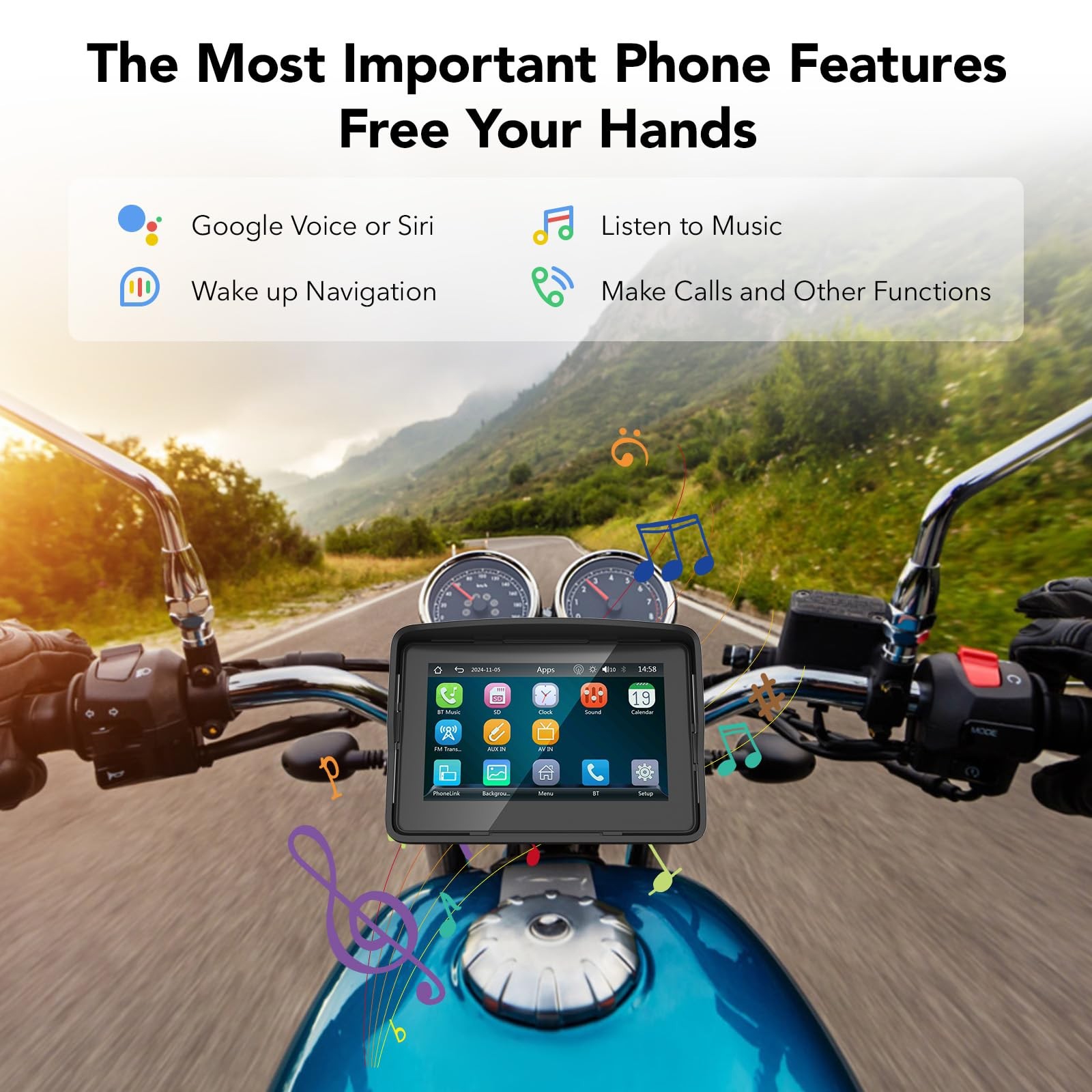 YCV Motorcycle Carplay Screen, Wireless CarPlay & Android Auto for Black