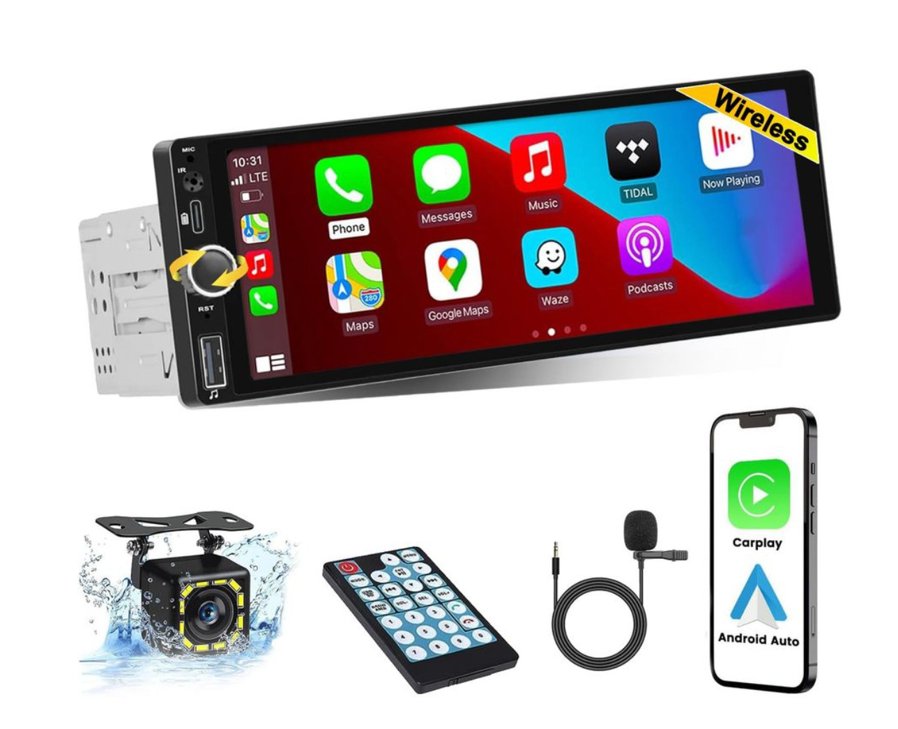 Single Din Car Stereo Touchscreen Radio Wireless Carplay Android 6.86″ W Backup