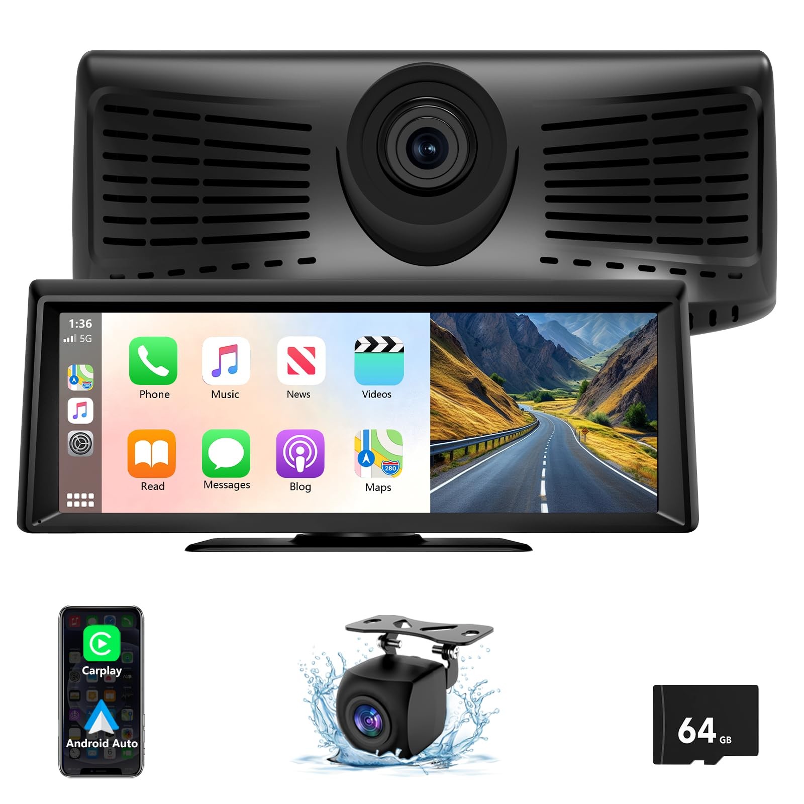 8.1″ Portable Wireless Carplay Screen for Car, 2K Dash Cam & 1080P 8.1 inch