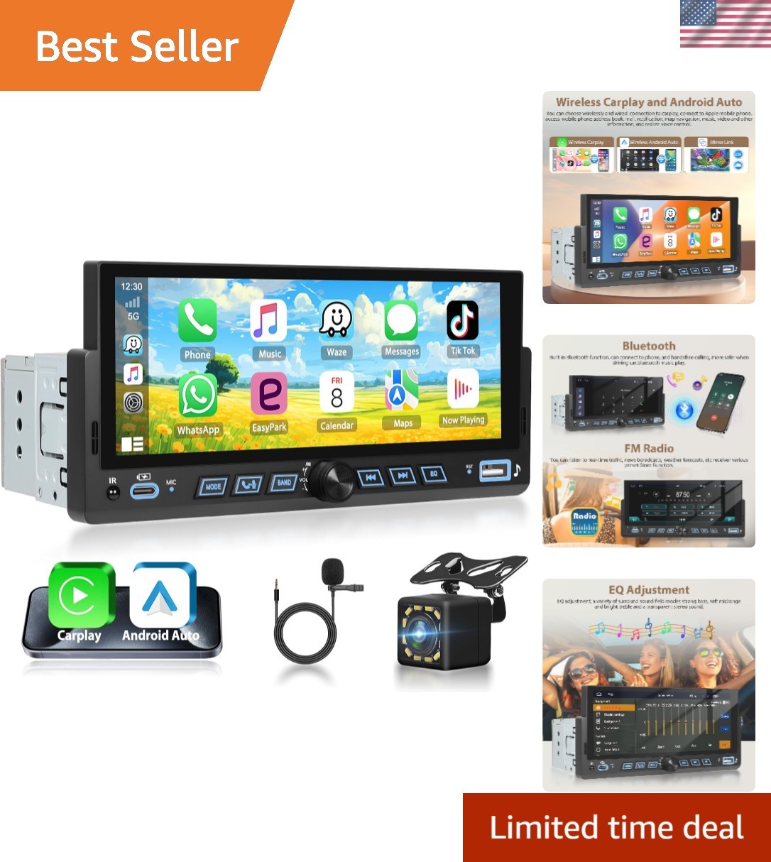 6.86″ Android CarPlay Stereo, Single Din Car Radio with Android Auto, HD Touc…