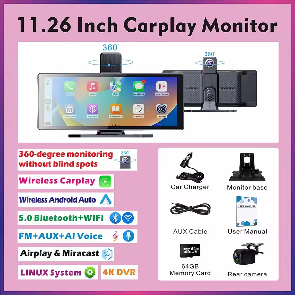 Universal Portable Wireless Carplay Screen for Car with Android Auto Touchscreen