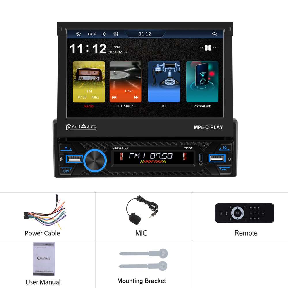 7″ Single 1DIN Car Stereo electric CarPlay Touch Screen USB MP5 Player Flip Out