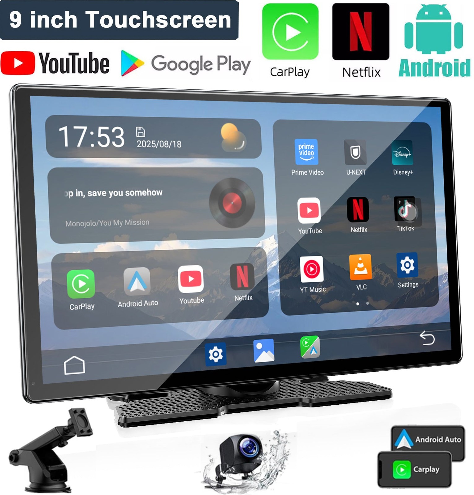 3 in 1 9″ Wireless Carplay Scree AI Video BOX w/Apps Youtube Netflix+Reverse Cam