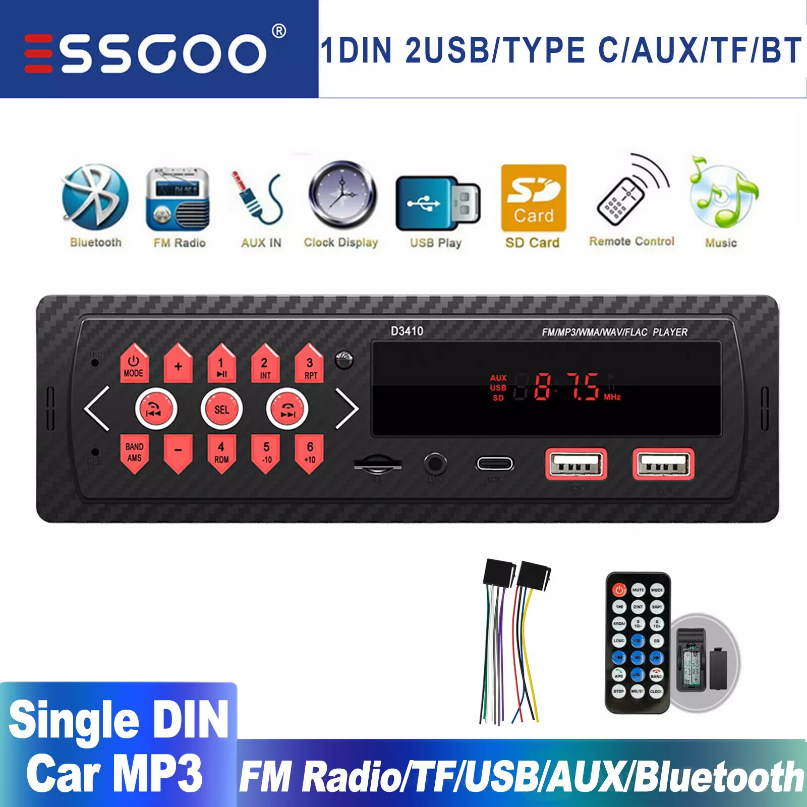 ESSGOO 1DIN Car Stereo Audio Bluetooth FM MP3 Player SD USB Head Unit Radio BT