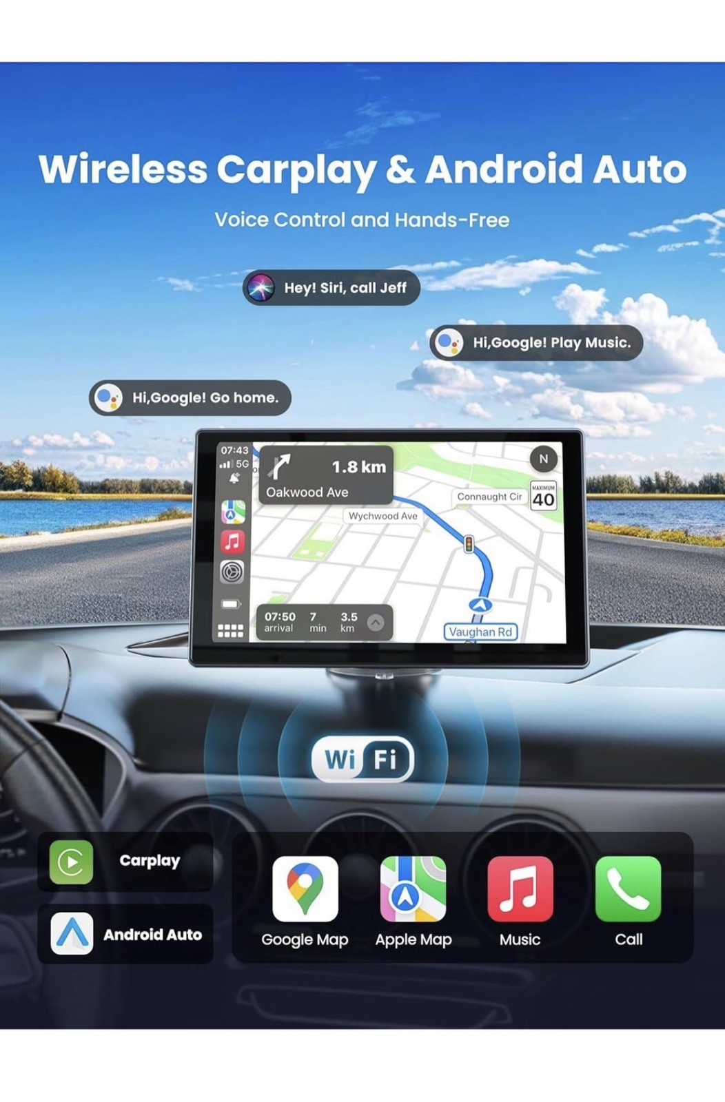 Carplay Screen for Car, 9″ Portable Wireless Carplay & Android Auto, 4K DashCam