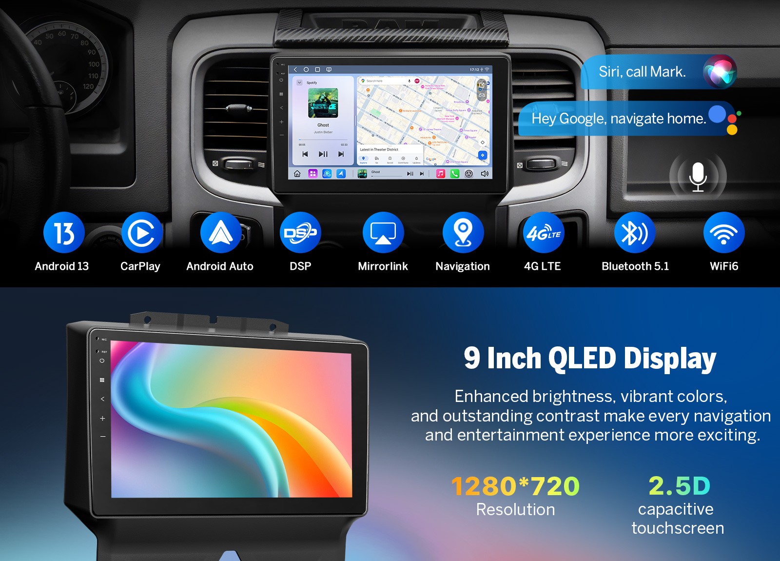 For RAM 1500 Classic 2019-2024 QLED 9″Android Car Stereo 6+64 WiFi 6 CarPlay GPS
