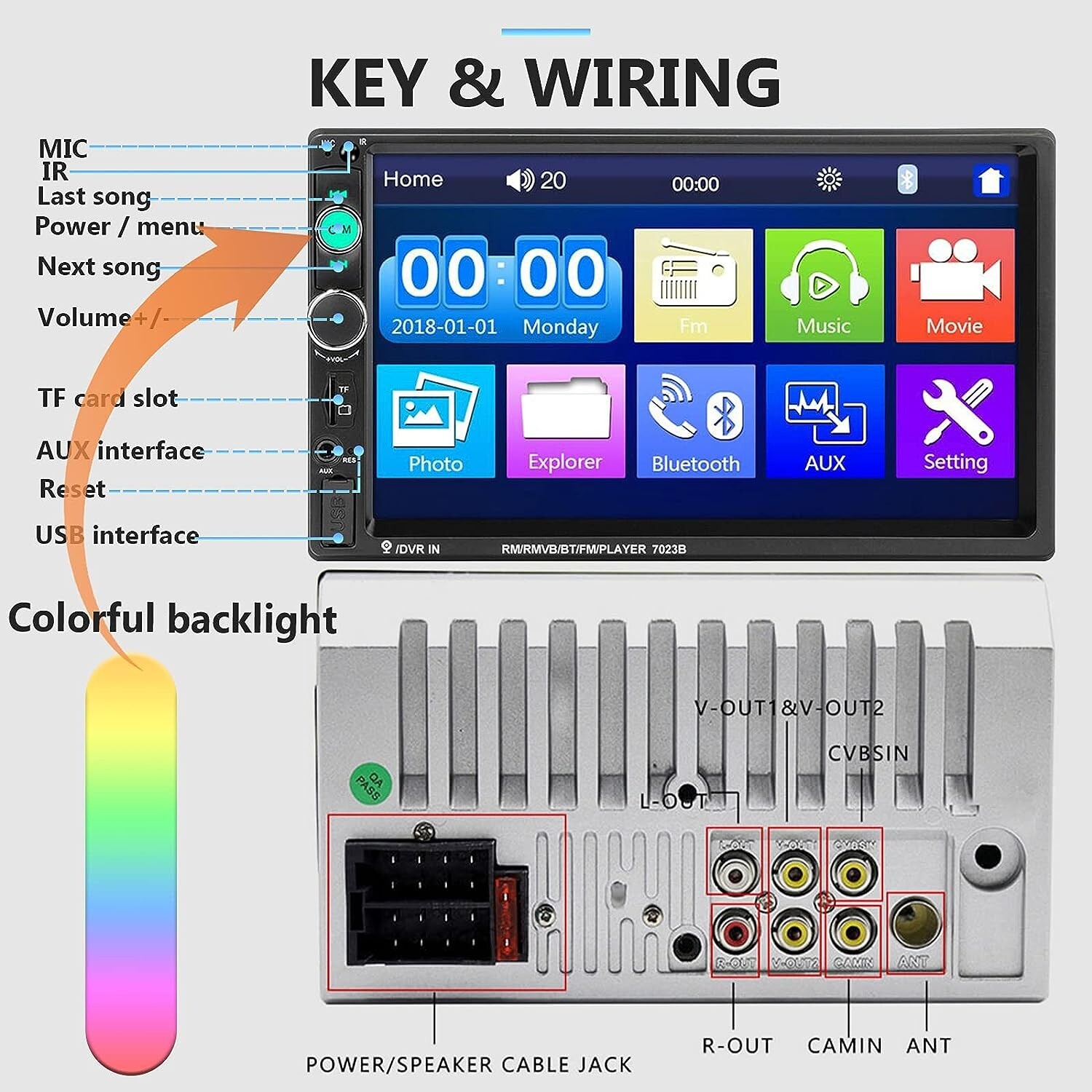 Car Multimedia Experience: 7-Inch HD Double Din Stereo with Bluetooth & Camera