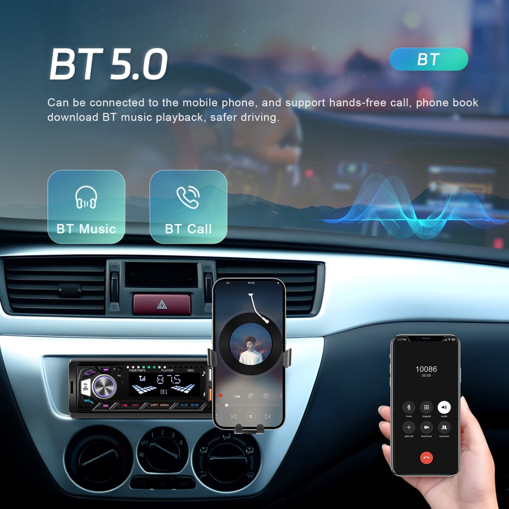 Car Radio Single 1DIN Stereo In-dash FM USB AUX-IN Bluetooth Audio +Phone Holder