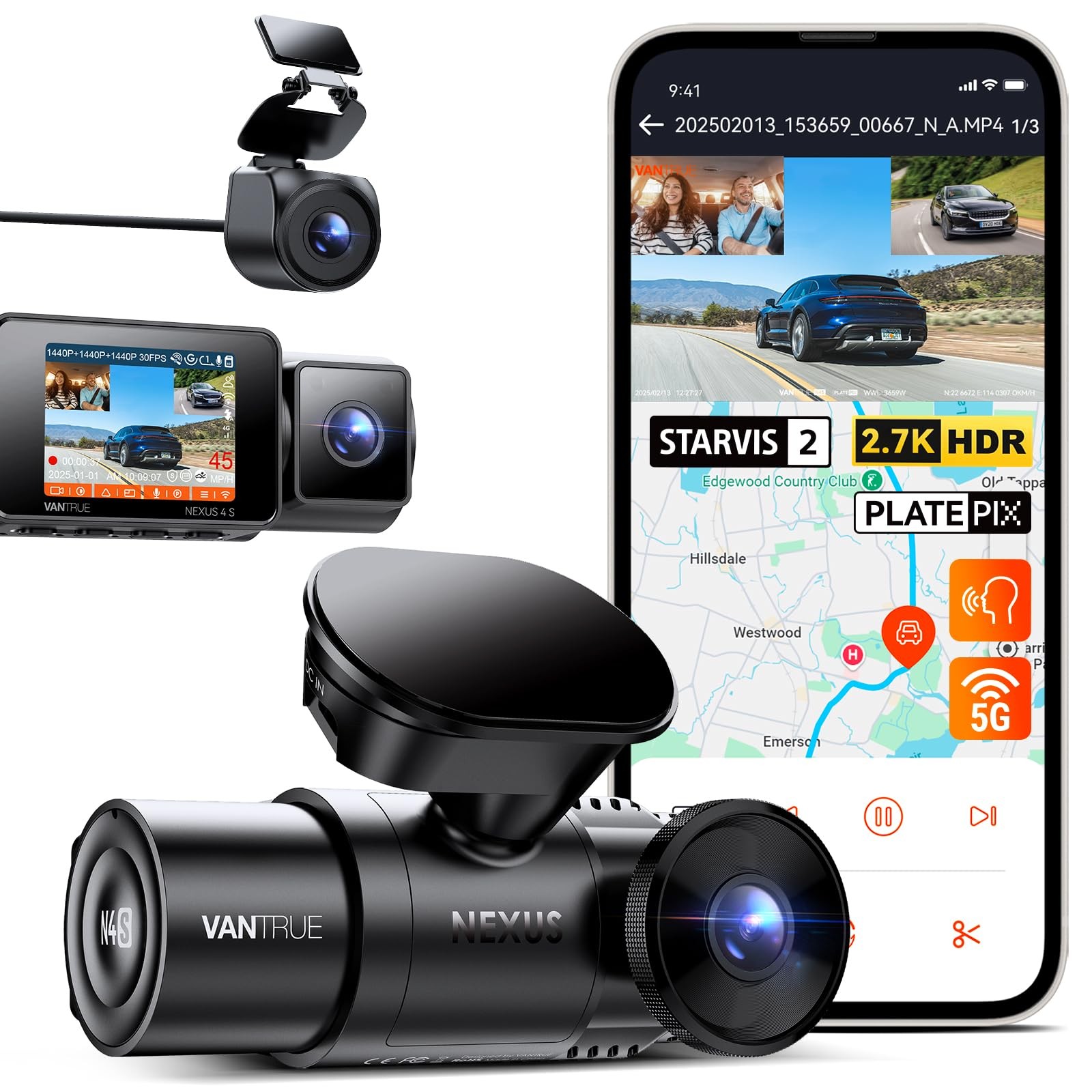 Vantrue N4S 3-Channel 2.7K+1440P WiFi Dash Cam Front Inside Rear GPS IR Night Vi