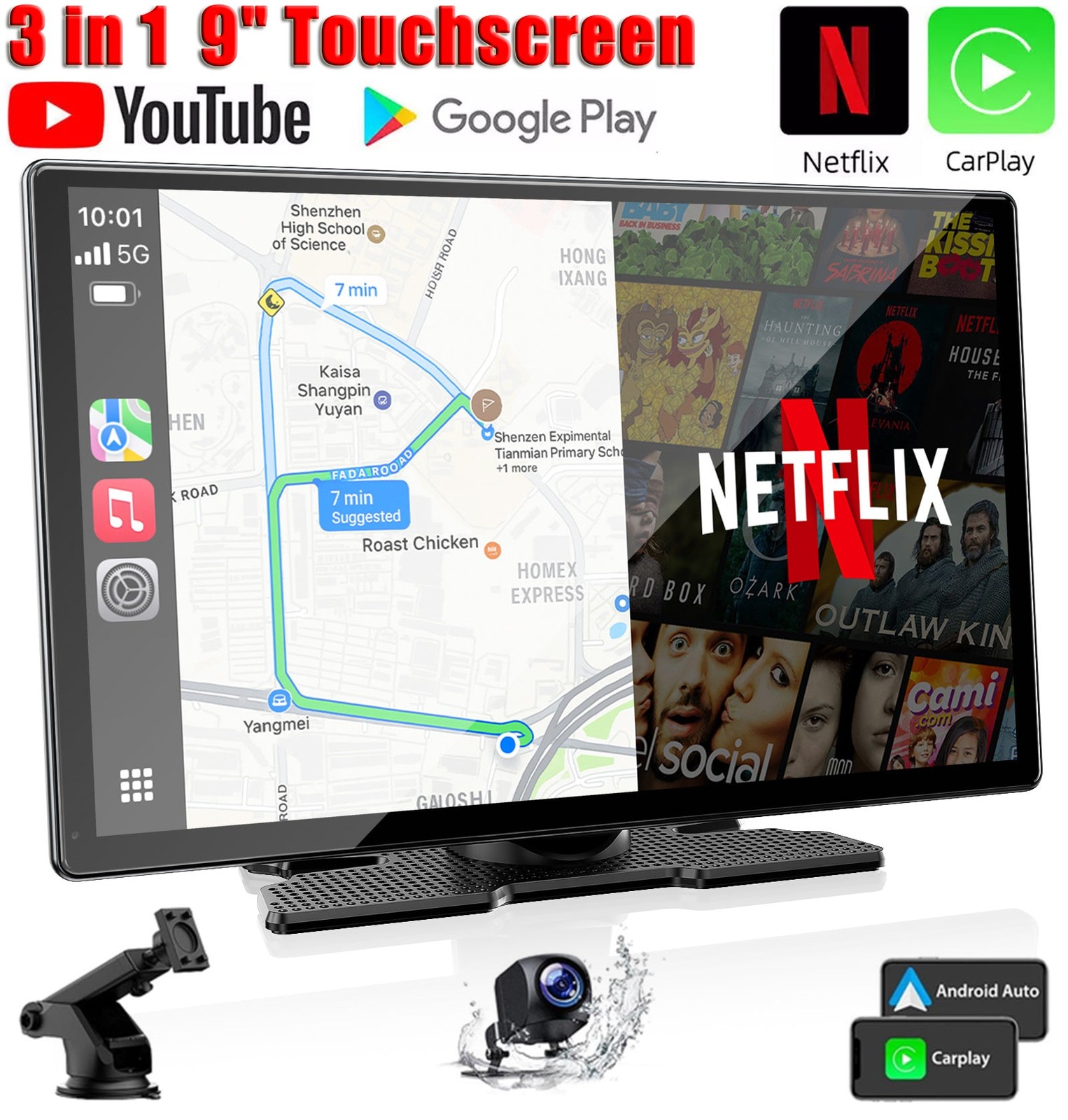 9”YouTube Carplay Screen With Net-Flix Wireless Apple CarPlay Android Auto GPS
