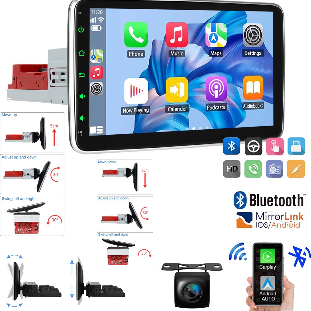 10″ 1 Din Car Stereo with CarPlay and Android Auto GPS Rotatable Touch Screen AM