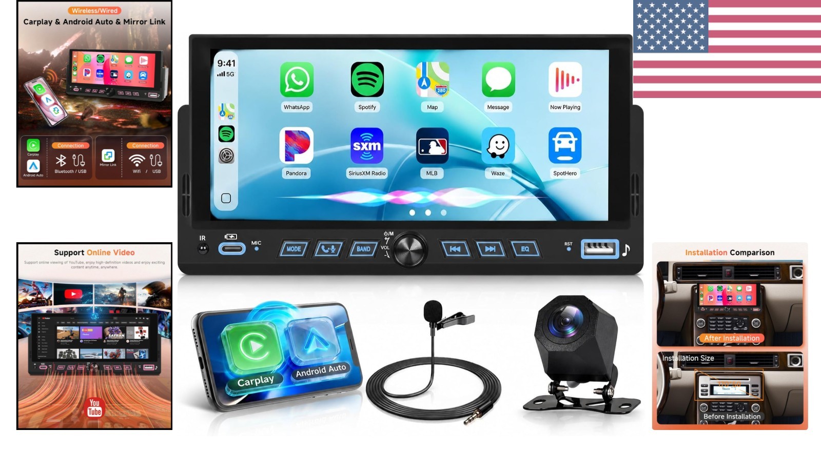 Single Din Car Stereo with Wireless CarPlay and Android Auto, 6.86″ Touchscre…