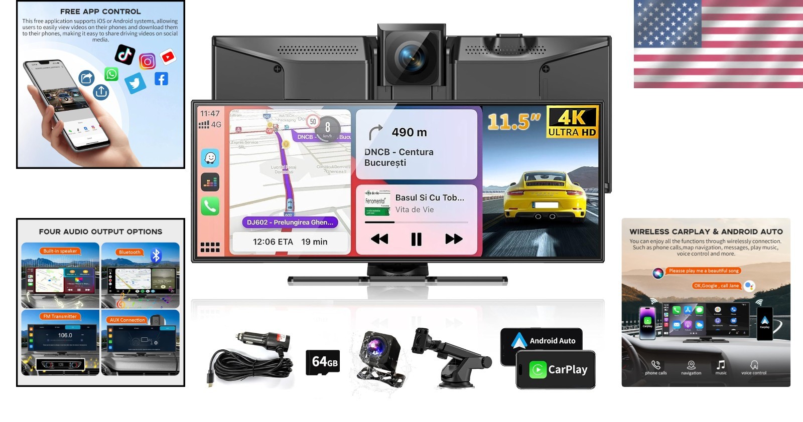 Largest 11.5″ Touchscreen with Dash Cam, App Control for Car