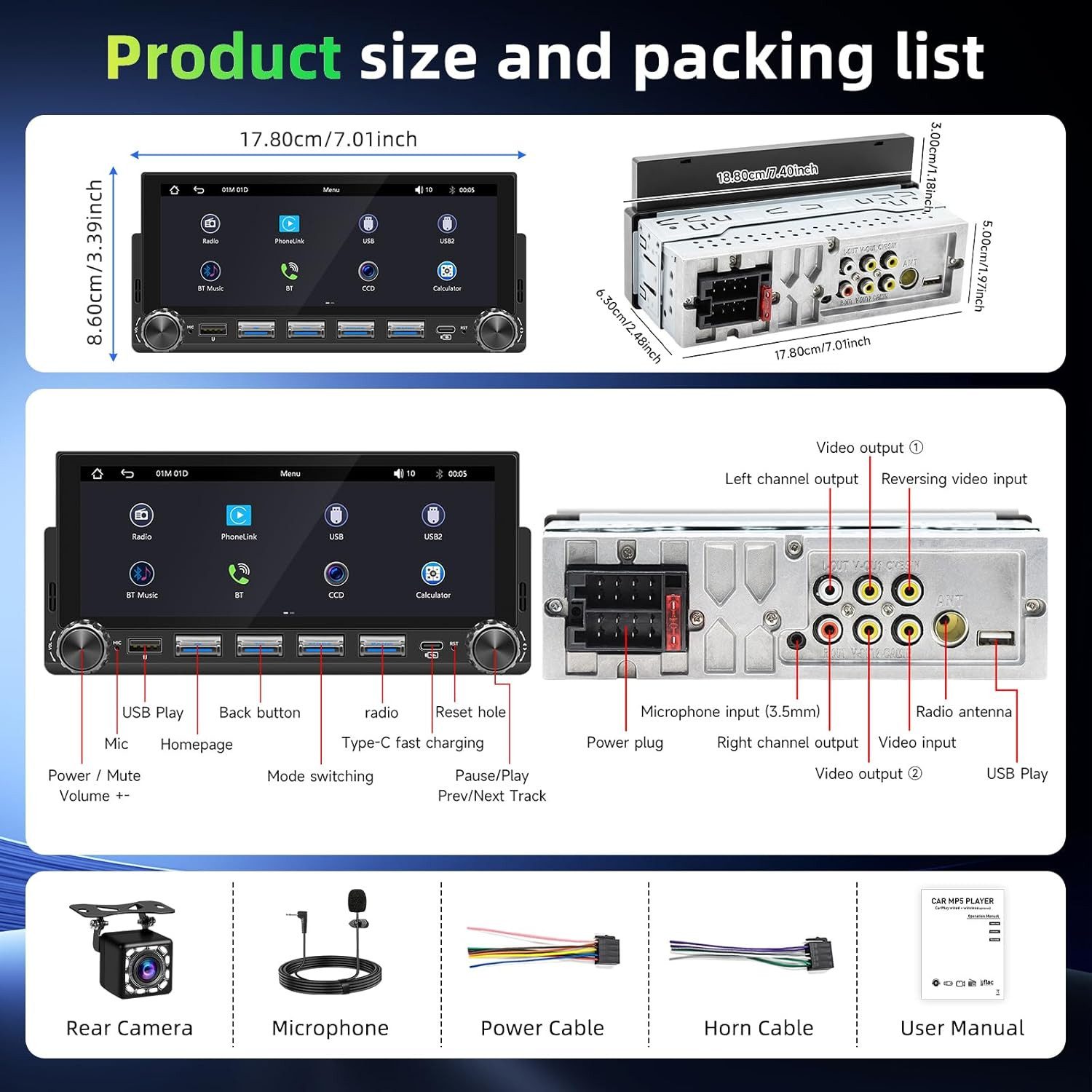 6.86″ Wireless Single Din Touchscreen Radio Apple Carplay Android Auto, Single D