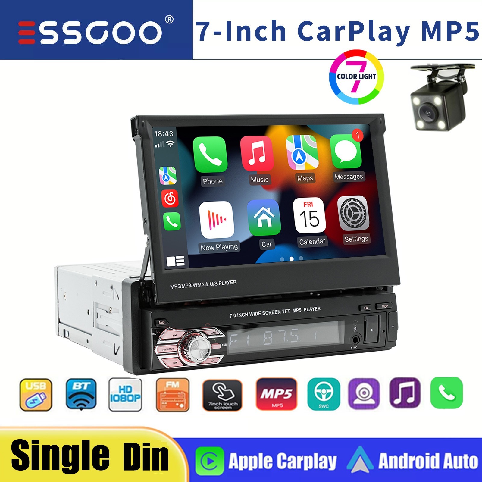 Single 1DIN 7″ Flip Out Car Stereo Carplay Android Auto BT Radio SWC USB Camera