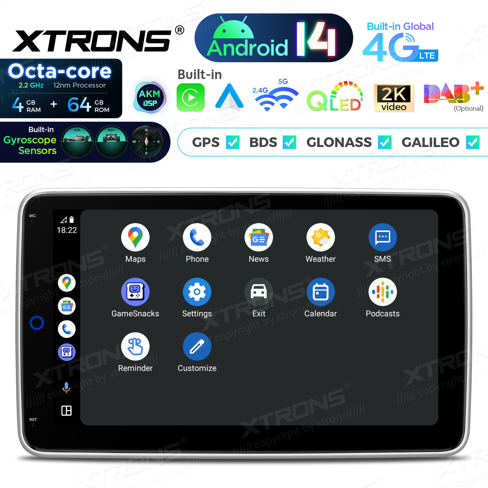 10.1″ QLED 1-DIN Android 13 4+64GB CarPlay Car Stereo GPS Radio Head Units WIFI