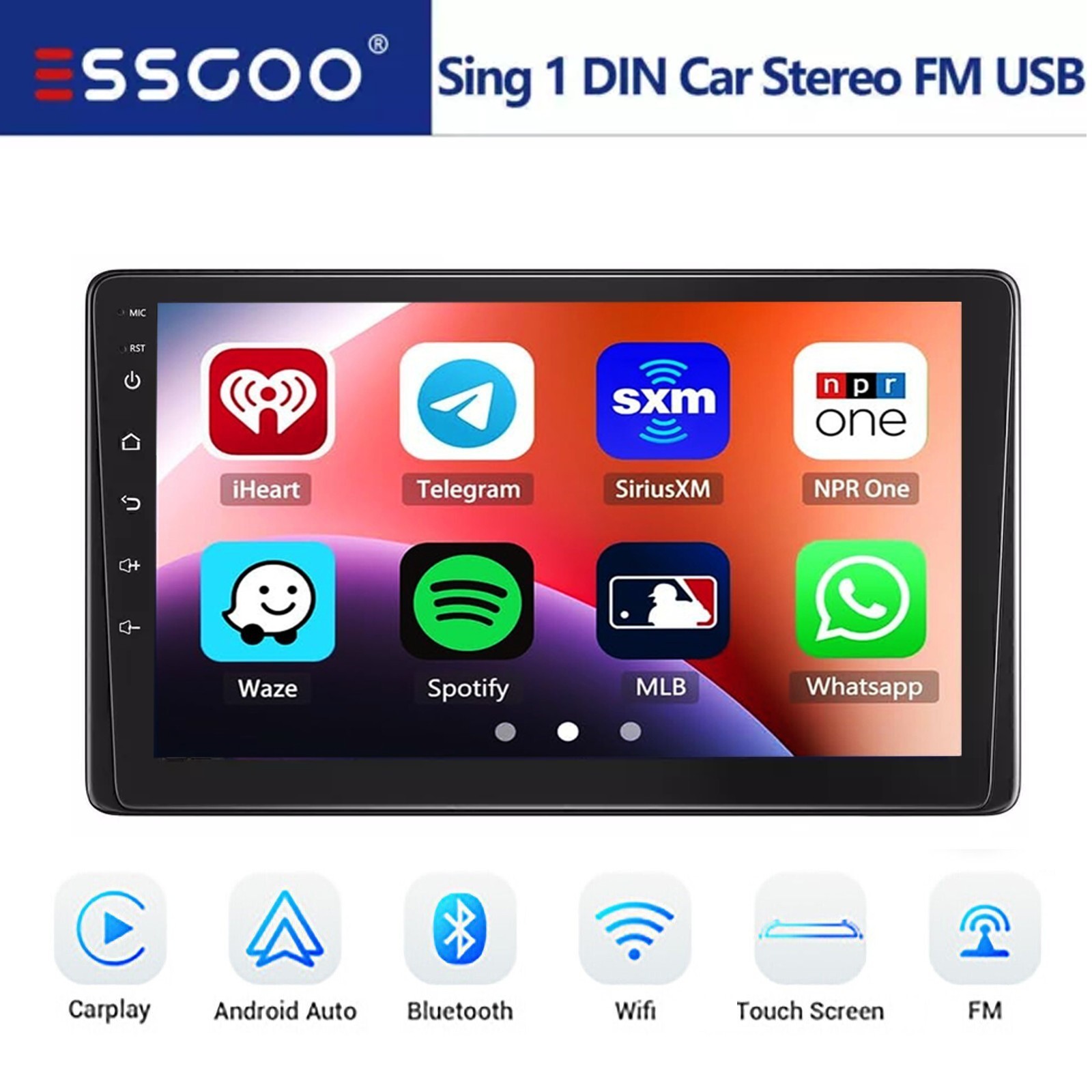 9″ Single 1 DIN Wireless Apple CarPlay & Android Auto Touch Screen Bluetooth USB