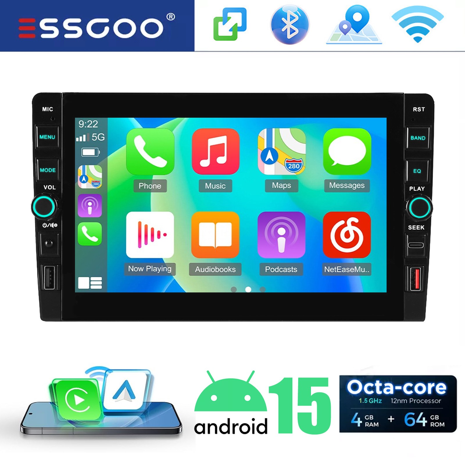 ESSGOO 9″ 4+64GB Double 2 DIN Android 15 CarPlay Wireless Stereo GPS Radio FM US
