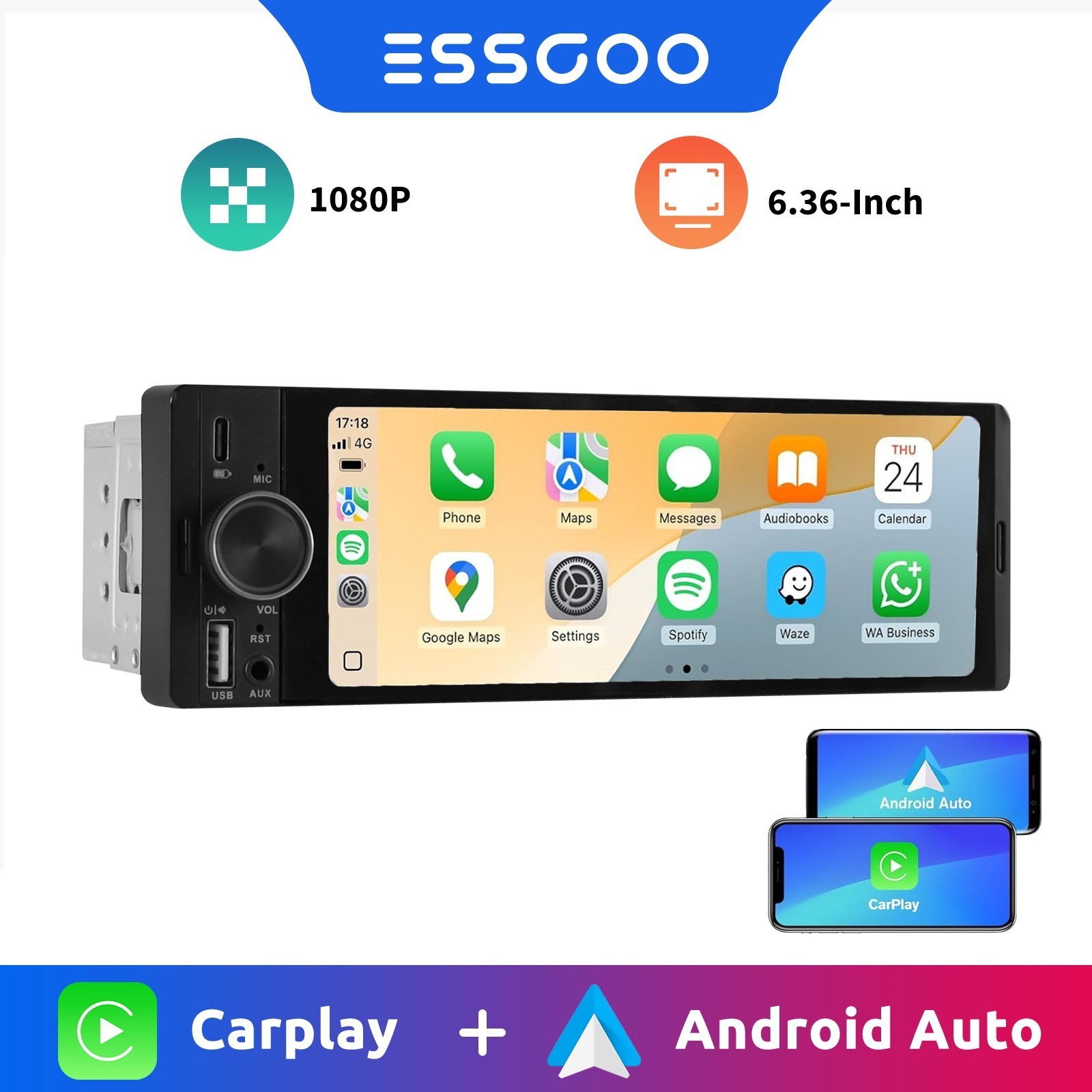 ESSGOO 1DIN 6.36″ Wireless Apple CarPlay Android Auto Car Radio Stereo BT/USB