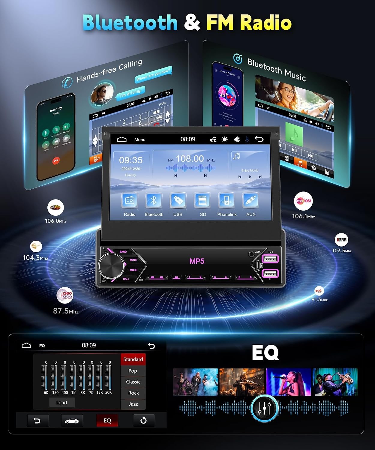 7 inch Single Din Flip Out IPS Touchscreen Car Stereo, 1 Din Car Stereo with Blu
