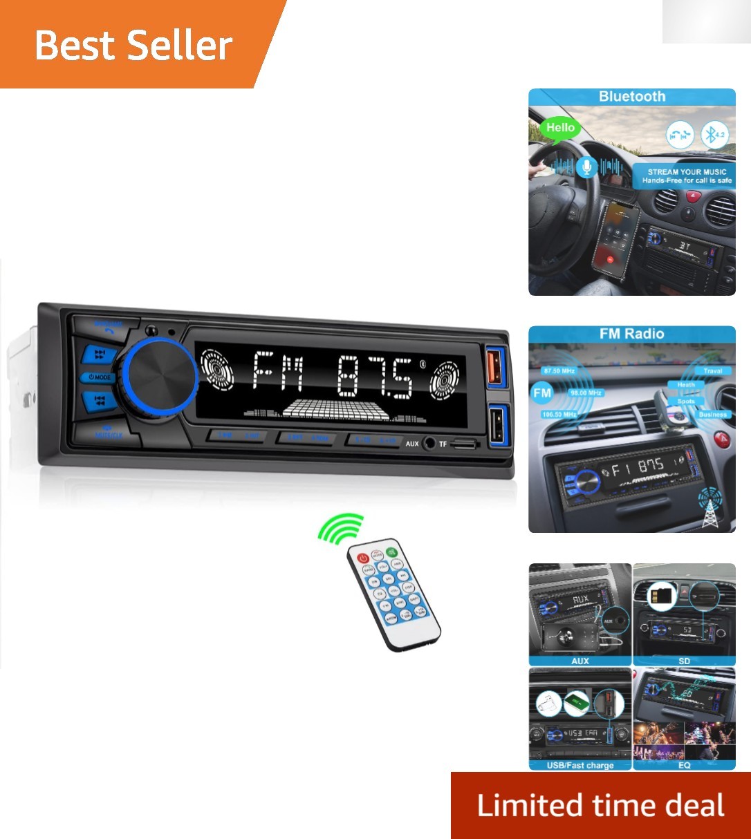 High-Fidelity Bluetooth Stereo with FM/MP3 Support & Remote Control for Cars